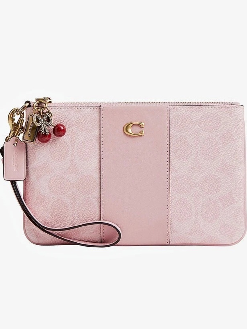 NWT Coach Signature Coated Canvas & Leather Small Wristlet w Charms Powder Pink